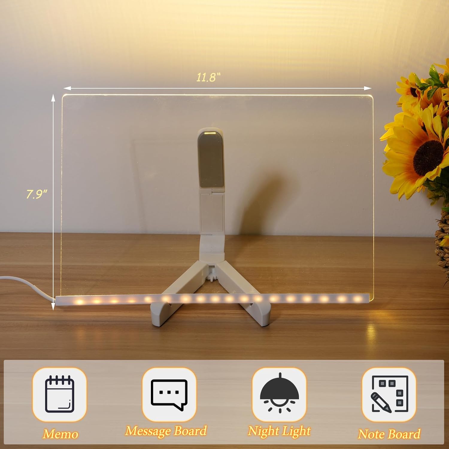 Acrylic clear light-up LED rewritable message board notepad with 7 color markers.