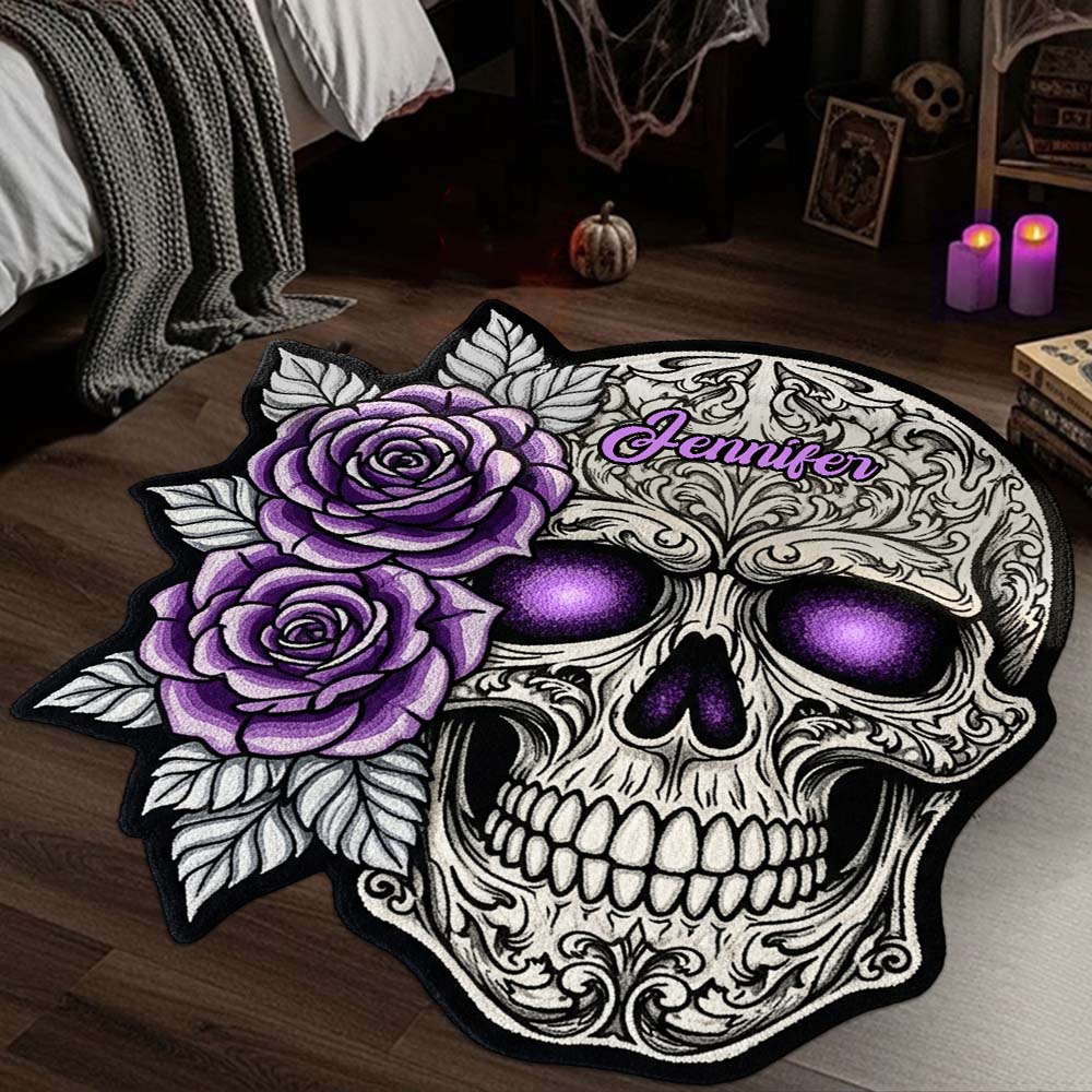 Skull And Roses - Personalized Skull Shaped Doormat/ Rug
