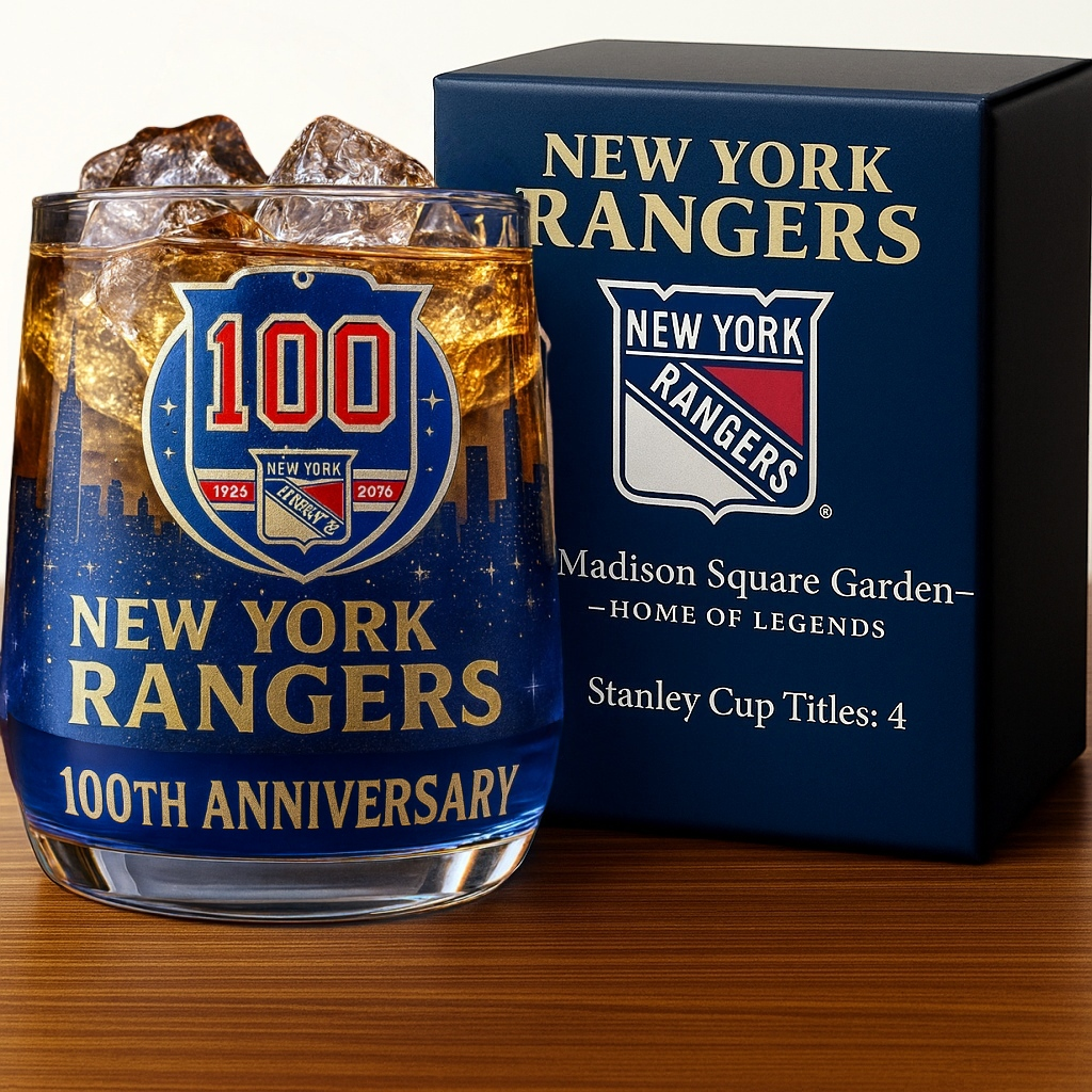🏒 NHL Team🔥New York Rangers 100th Anniversary Whiskey Glass