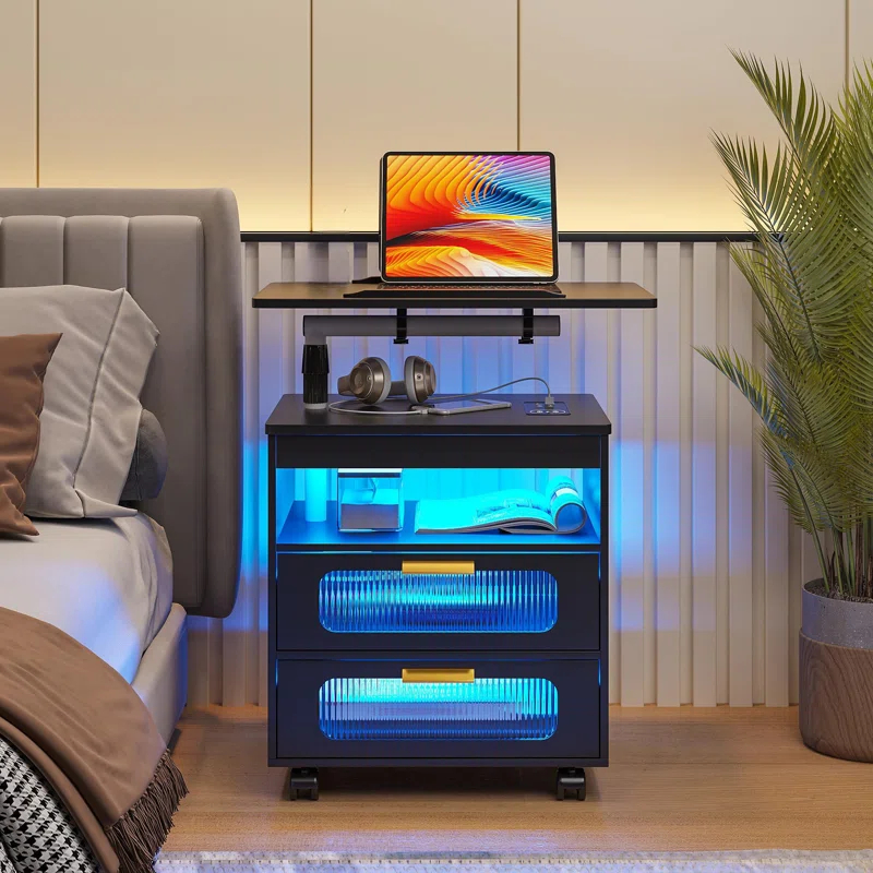 Height Adjustable Nightstand With LED Lights