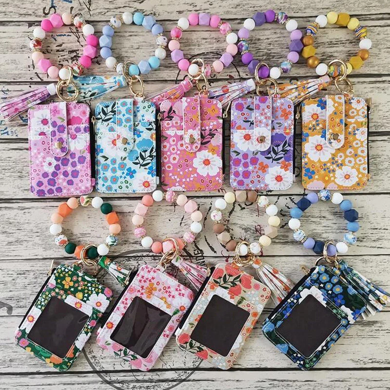 Women's Boho Style Beaded & Tassel Decorated Keychain with Flower Pattern Wallet