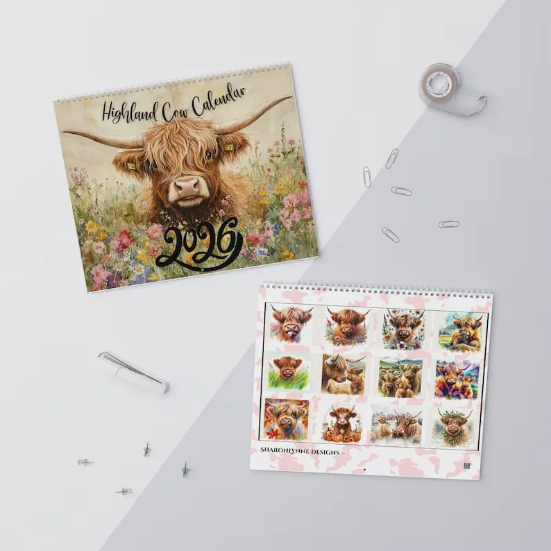 🐮Highland Cow Calendar 2026 – Rustic Farmhouse Wall Art & Monthly Planner📅