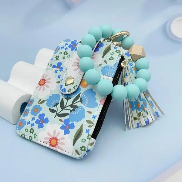 Women's Boho Style Beaded & Tassel Decorated Keychain with Flower Pattern Wallet