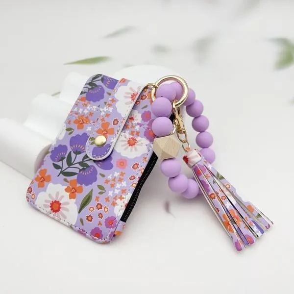 Women's Boho Style Beaded & Tassel Decorated Keychain with Flower Pattern Wallet