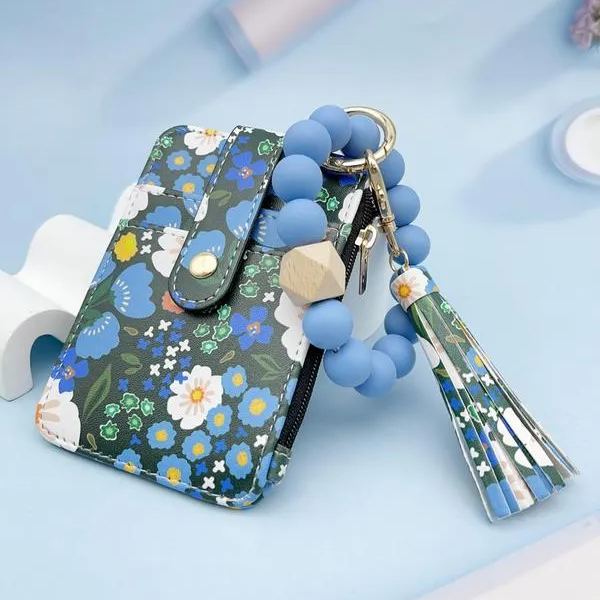 Women's Boho Style Beaded & Tassel Decorated Keychain with Flower Pattern Wallet