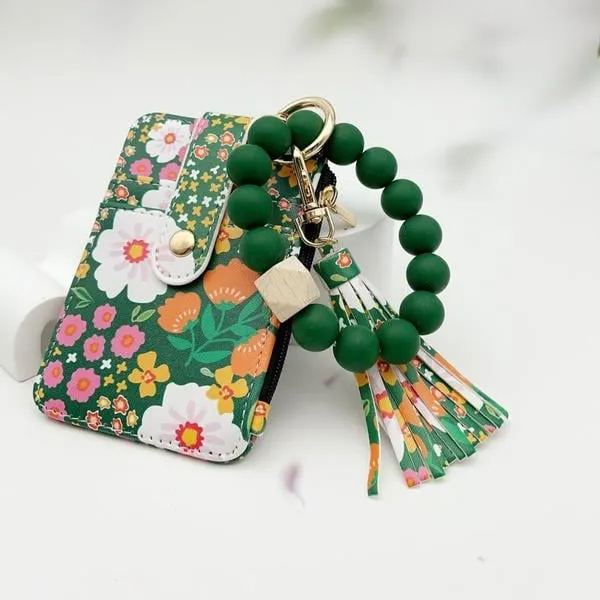 Women's Boho Style Beaded & Tassel Decorated Keychain with Flower Pattern Wallet