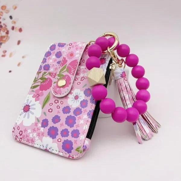 Women's Boho Style Beaded & Tassel Decorated Keychain with Flower Pattern Wallet