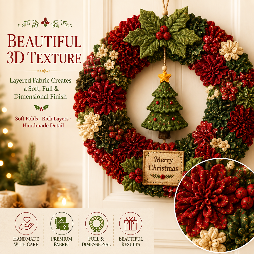 Dimensional fabric texture on handmade Christmas wreath