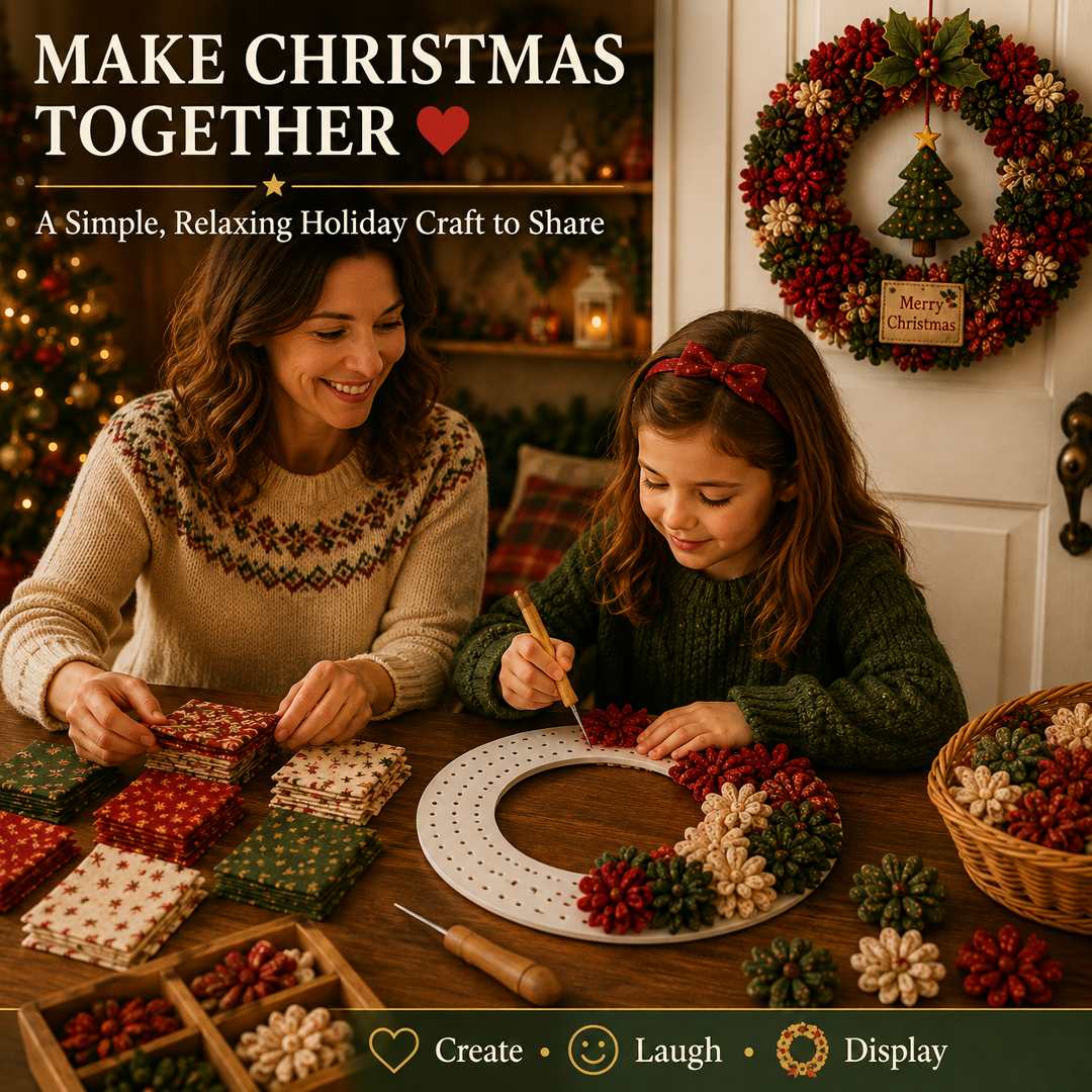 Mother and daughter making a Christmas fabric wreath together