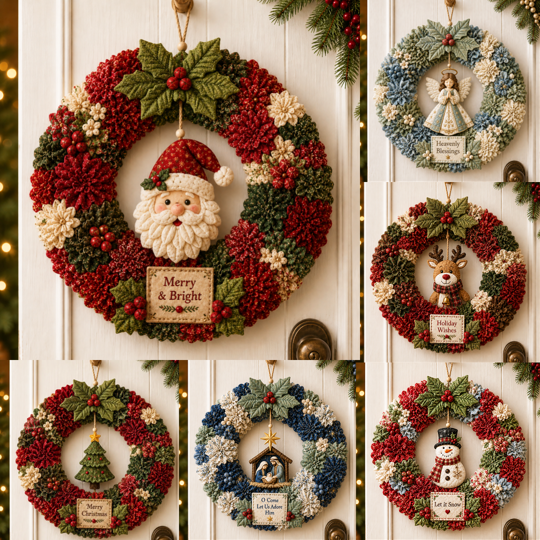 Christmas wreath style options including Santa snowman reindeer angel nativity and tree