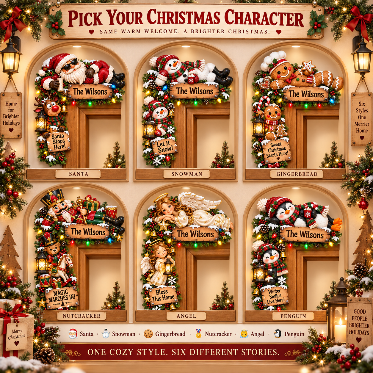 Santa snowman gingerbread nutcracker angel and penguin door frame decorations