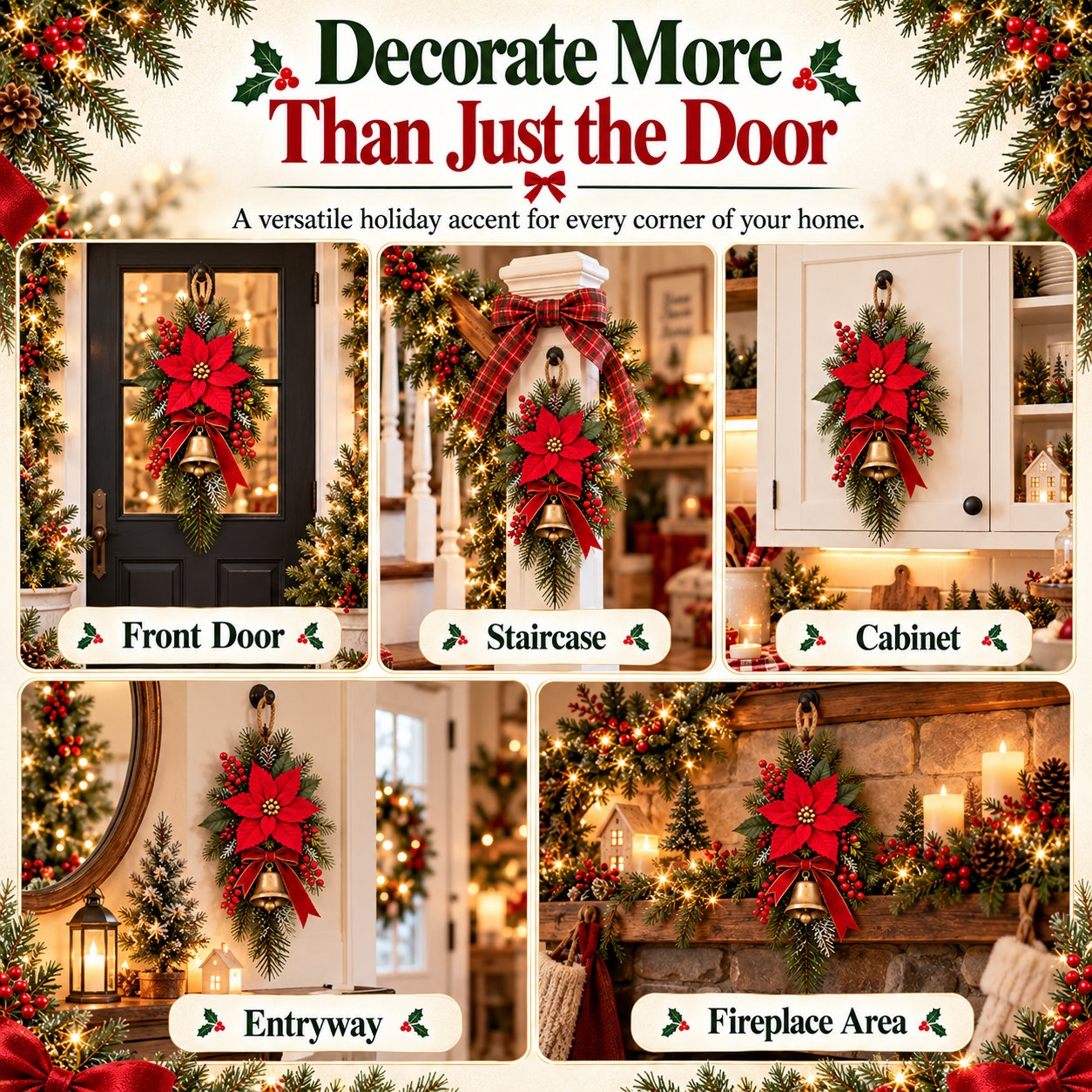 Christmas swag displayed on front door staircase cabinet entryway and fireplace