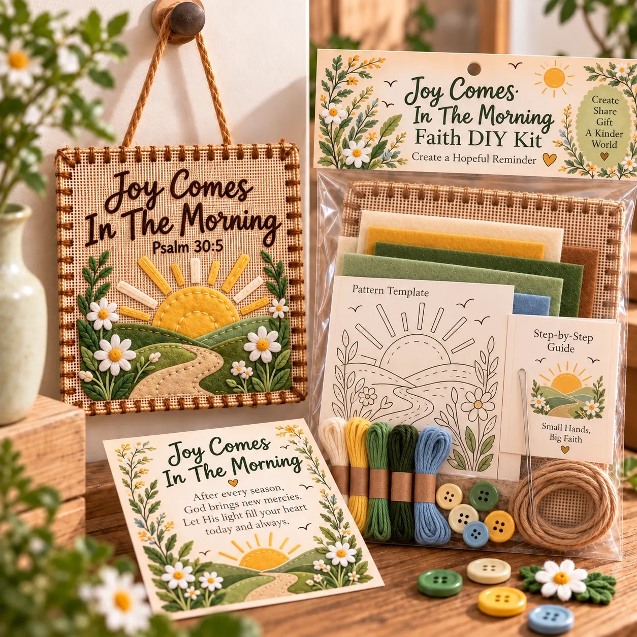 Joy Comes In The Morning design with sunrise, hills and daisies