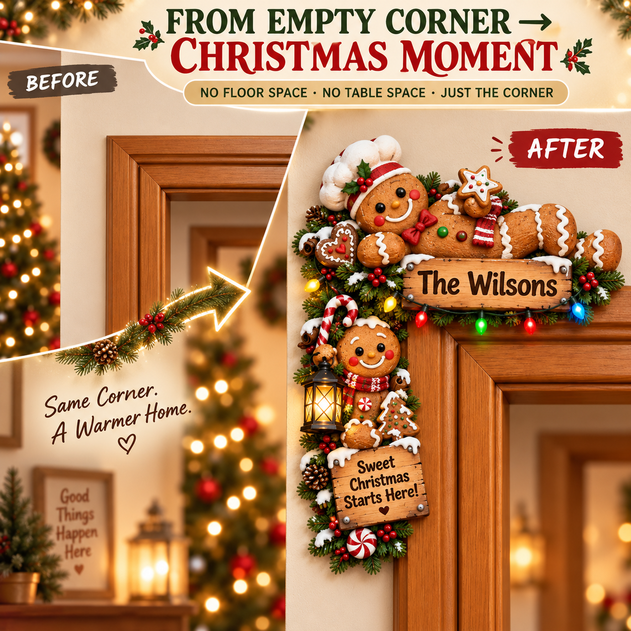 Christmas decoration designed for upper door frame corner