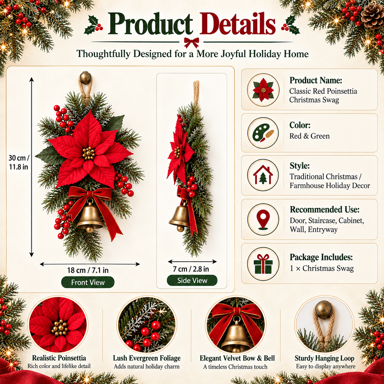 Classic Red Poinsettia Christmas Swag product size and details