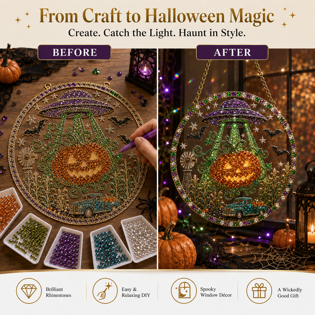 🔥Limited Time 70% OFF – 🎃💀 Halloween Skeleton Cowboy Suncatcher Diamond Art Hanging Ornament Kit – Sparkling DIY Window Decor