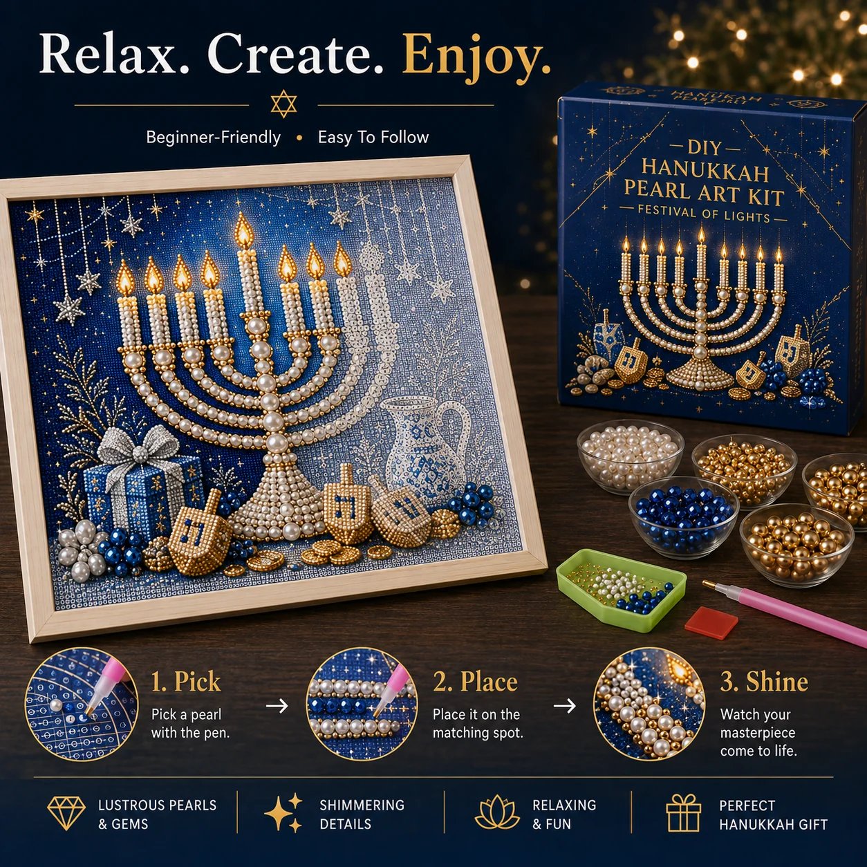 🧘Relaxing & Beginner-Friendly - 🕎✨DIY Hanukkah Pearl Art Kit(❤Same as the Vedio)
