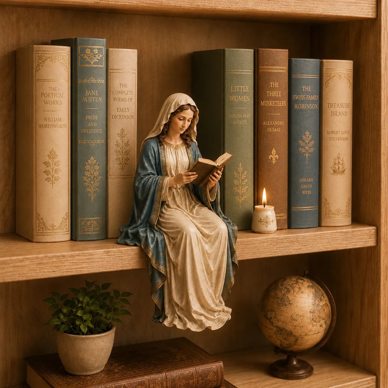🎁Last Day 50% OFF 📖 Handcrafted Virgin Mary Reading Bookshelf Figure