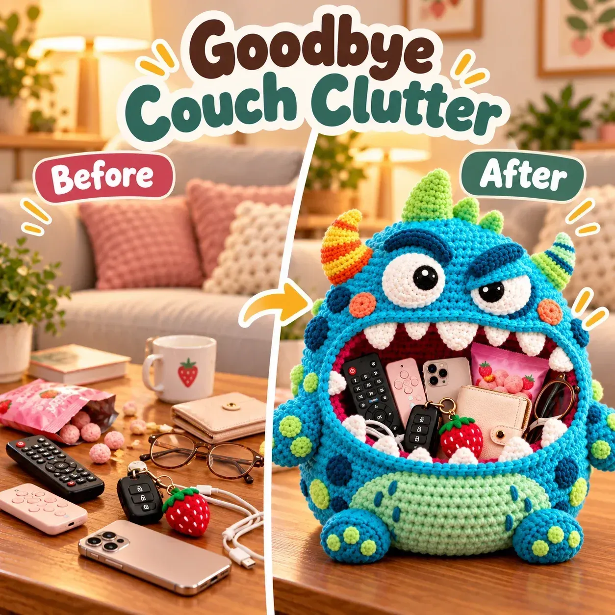 Before and After Couch Clutter With a Monster Organizer
