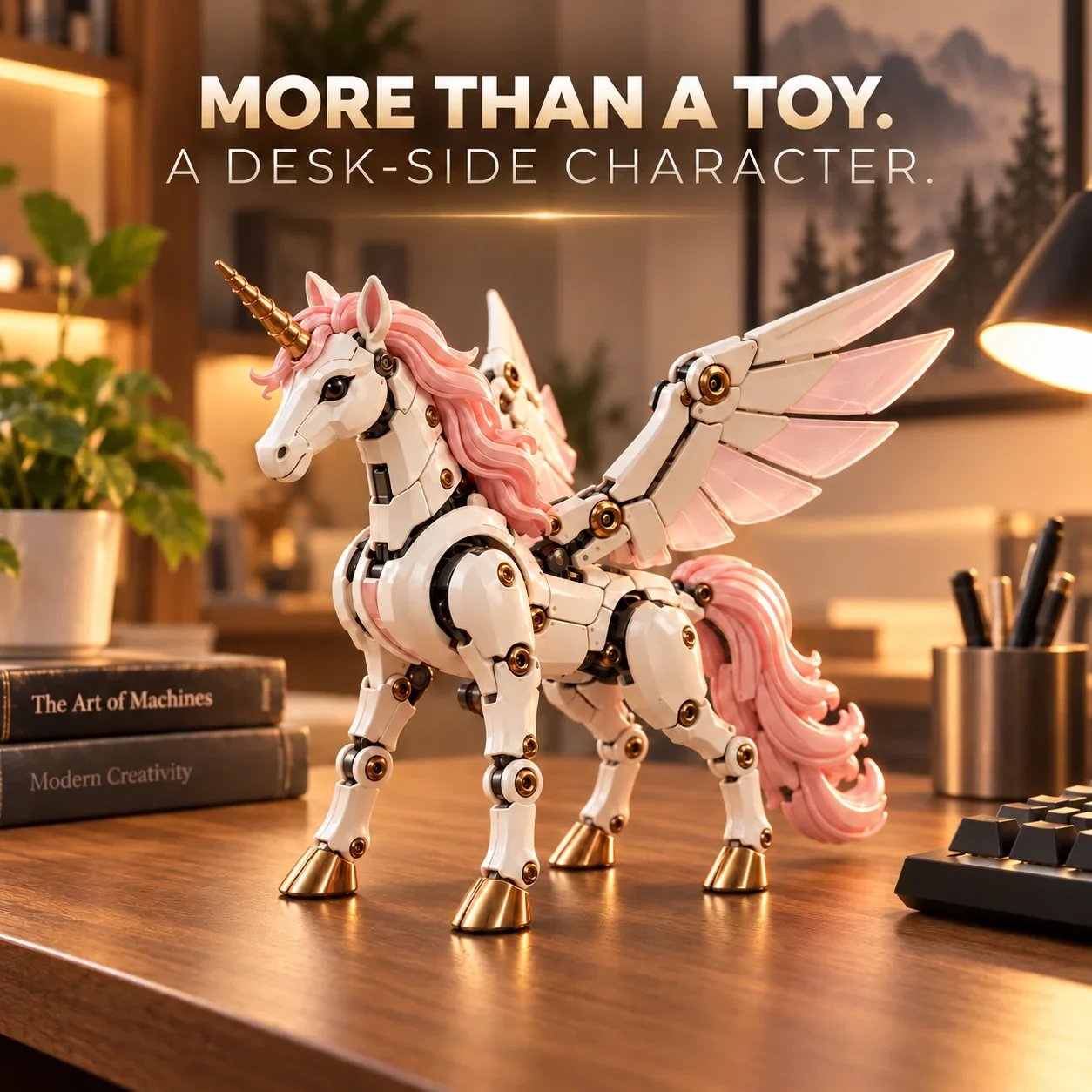 Winged mechanical unicorn displayed on a desk beside books and stationery