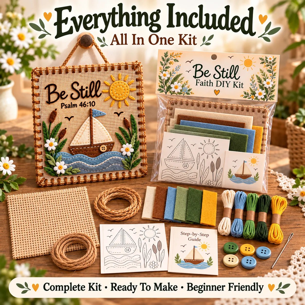 Psalms fabric weaving kit contents showing base, felt, threads, pattern, guide, tools and cord