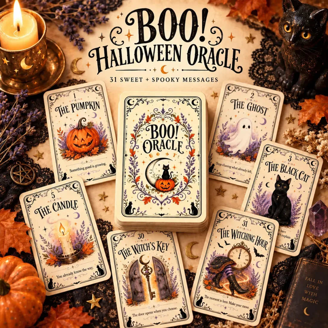 🔥Limited time 70% OFF -🎃 Sweet & Spooky Halloween Oracle Deck – 31 Daily Spooky Messages for October
