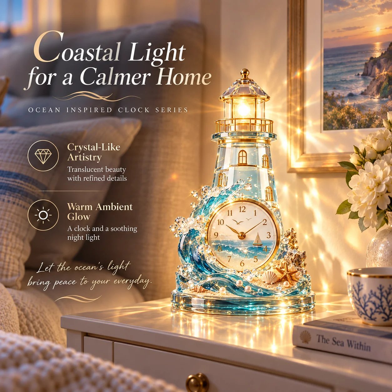 Coastal lighthouse clock bedroom display