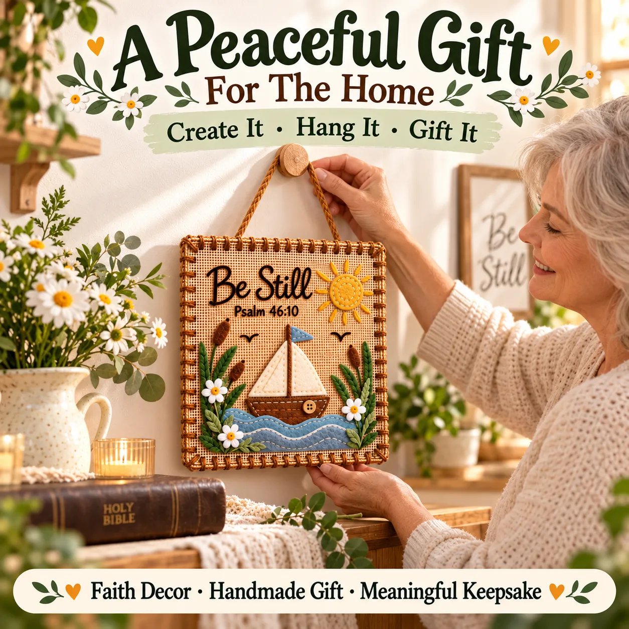 Finished Be Still Scripture fabric artwork being hung in a warm home setting