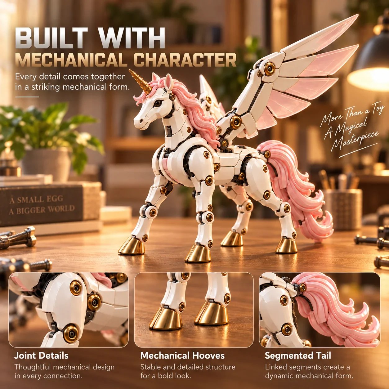 Mechanical unicorn with close-ups of its joints, gold-colored hooves and segmented tail