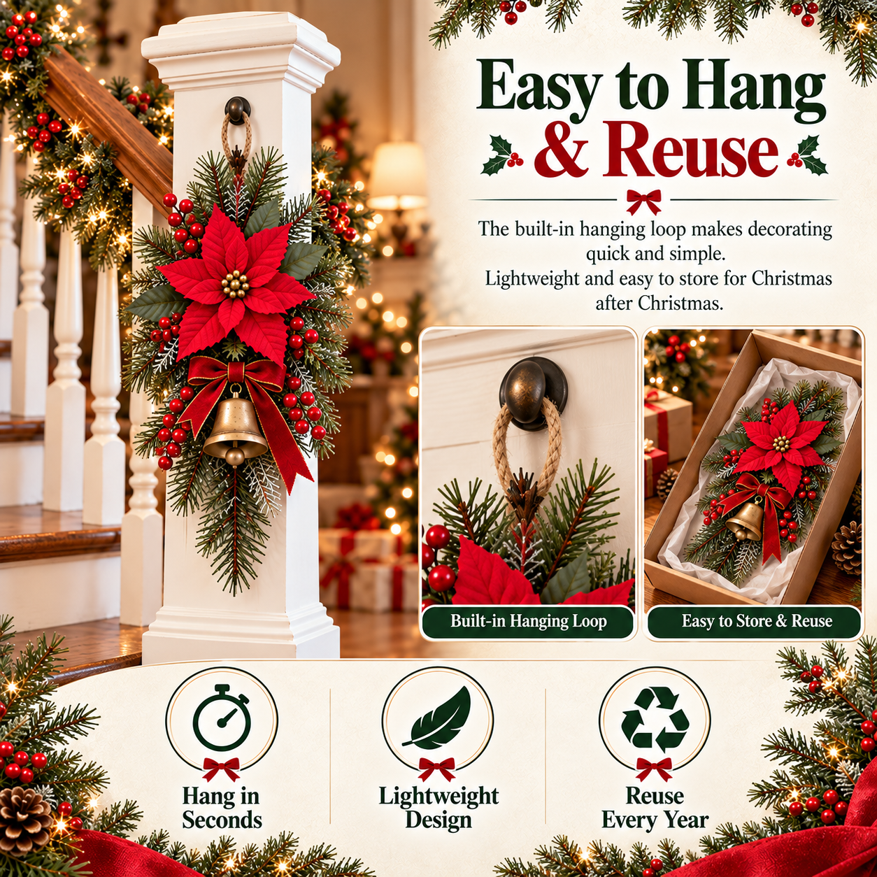 Easy to hang reusable Christmas swag