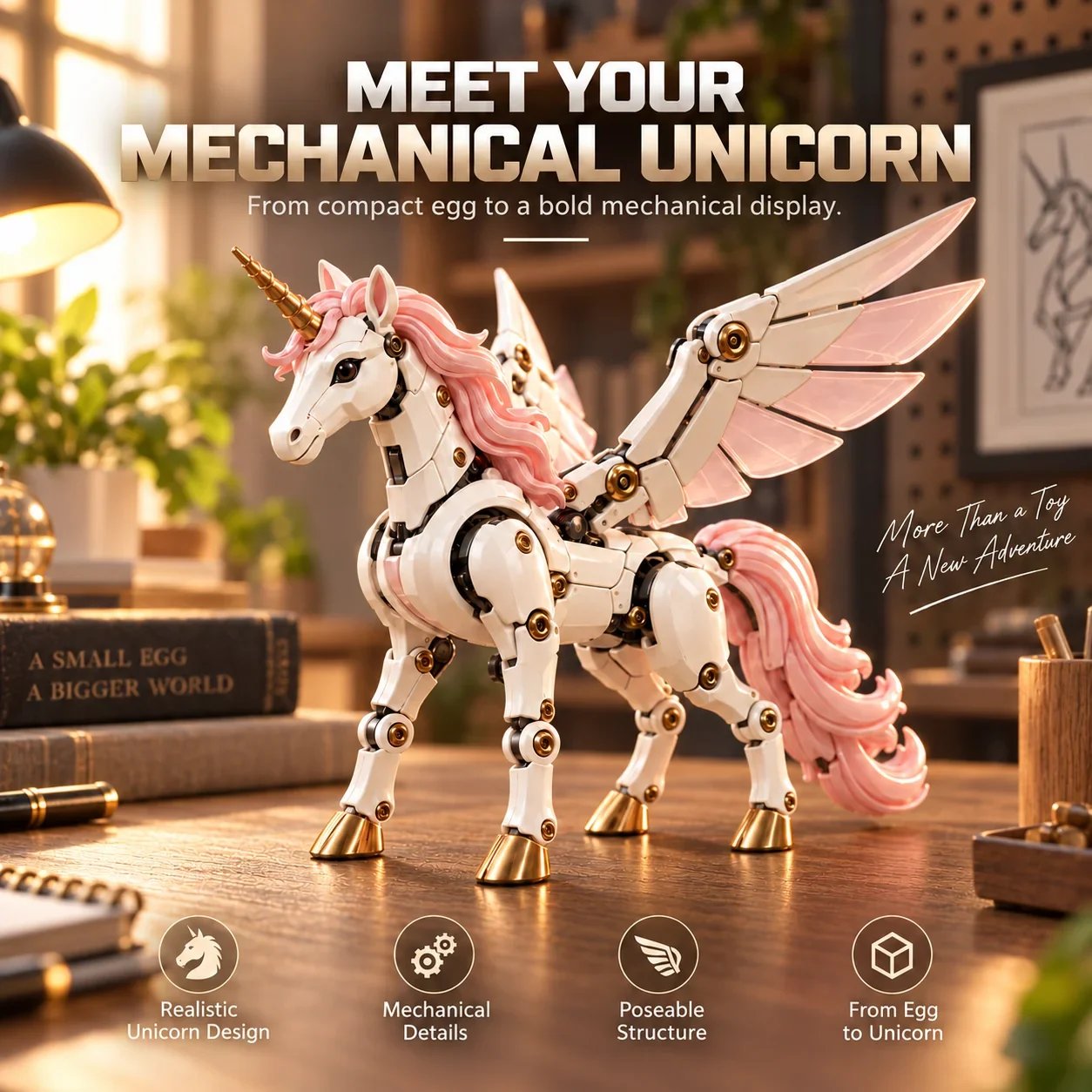 Completed mechanical unicorn with raised layered wings and pink-and-gold accents