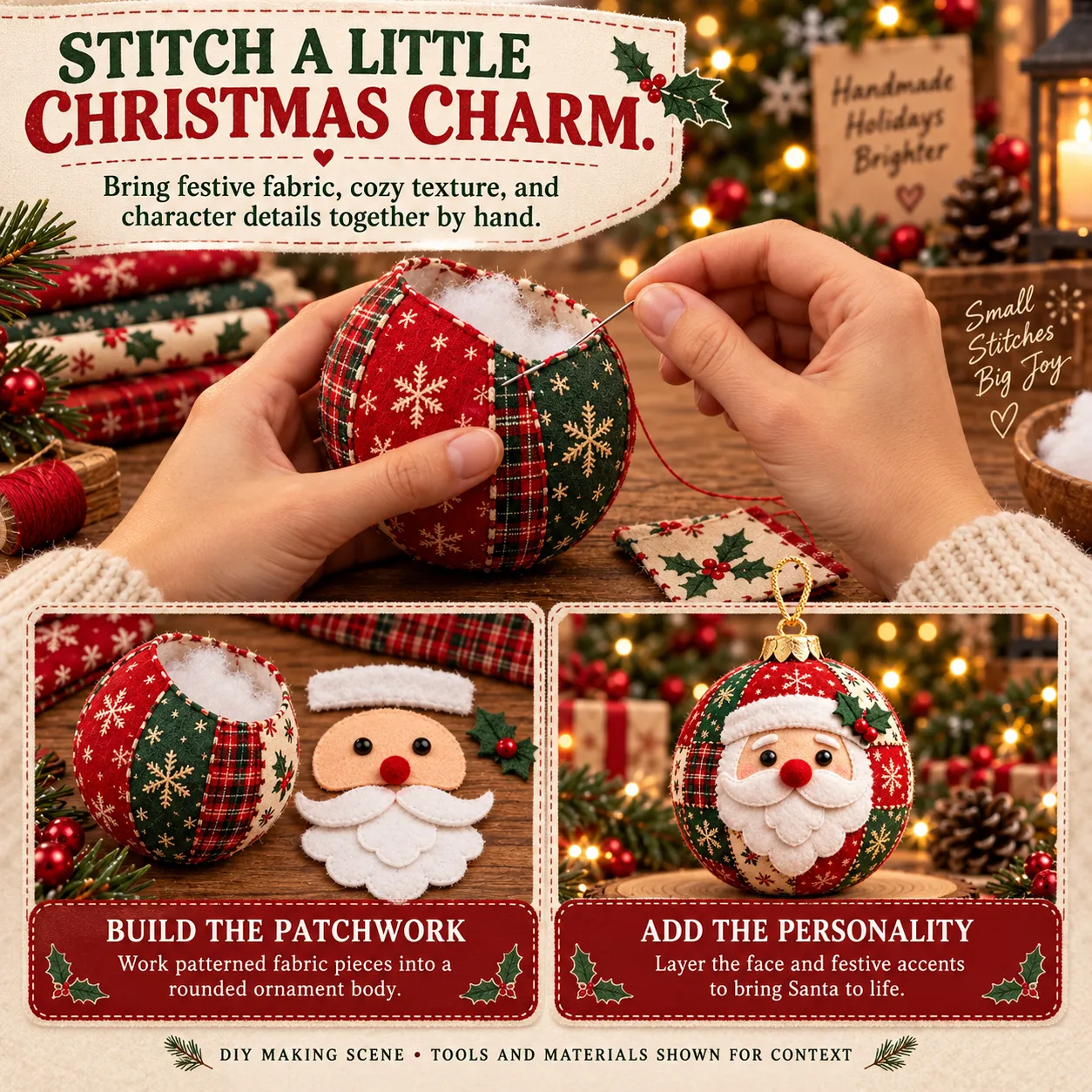 Hands stitching a patchwork Christmas ornament, with body pieces and finished Santa design shown