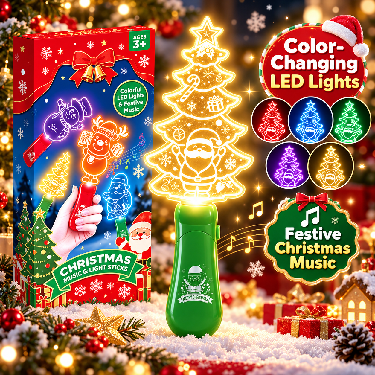 🎄 Christmas Light-Up Party Set – LED Santa Hat & Color-Changing Musical Wand ✨