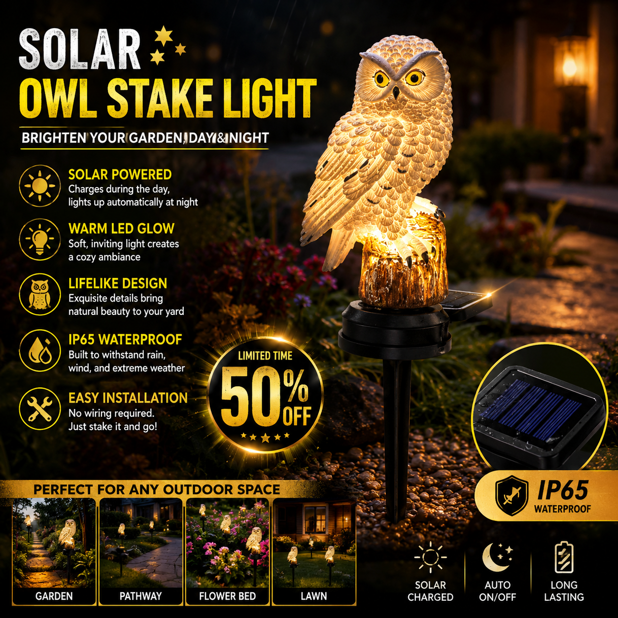 🔥Big Sale - 50% OFF🔥Waterproof Solar Owl Light – LED Pathway Light for Lawn, Garden & Outdoor Decor
