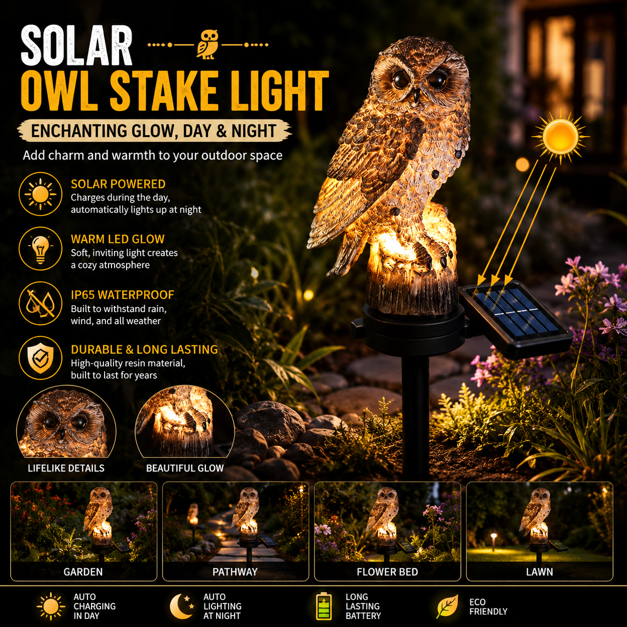 🔥Big Sale - 50% OFF🔥Waterproof Solar Owl Light – LED Pathway Light for Lawn, Garden & Outdoor Decor