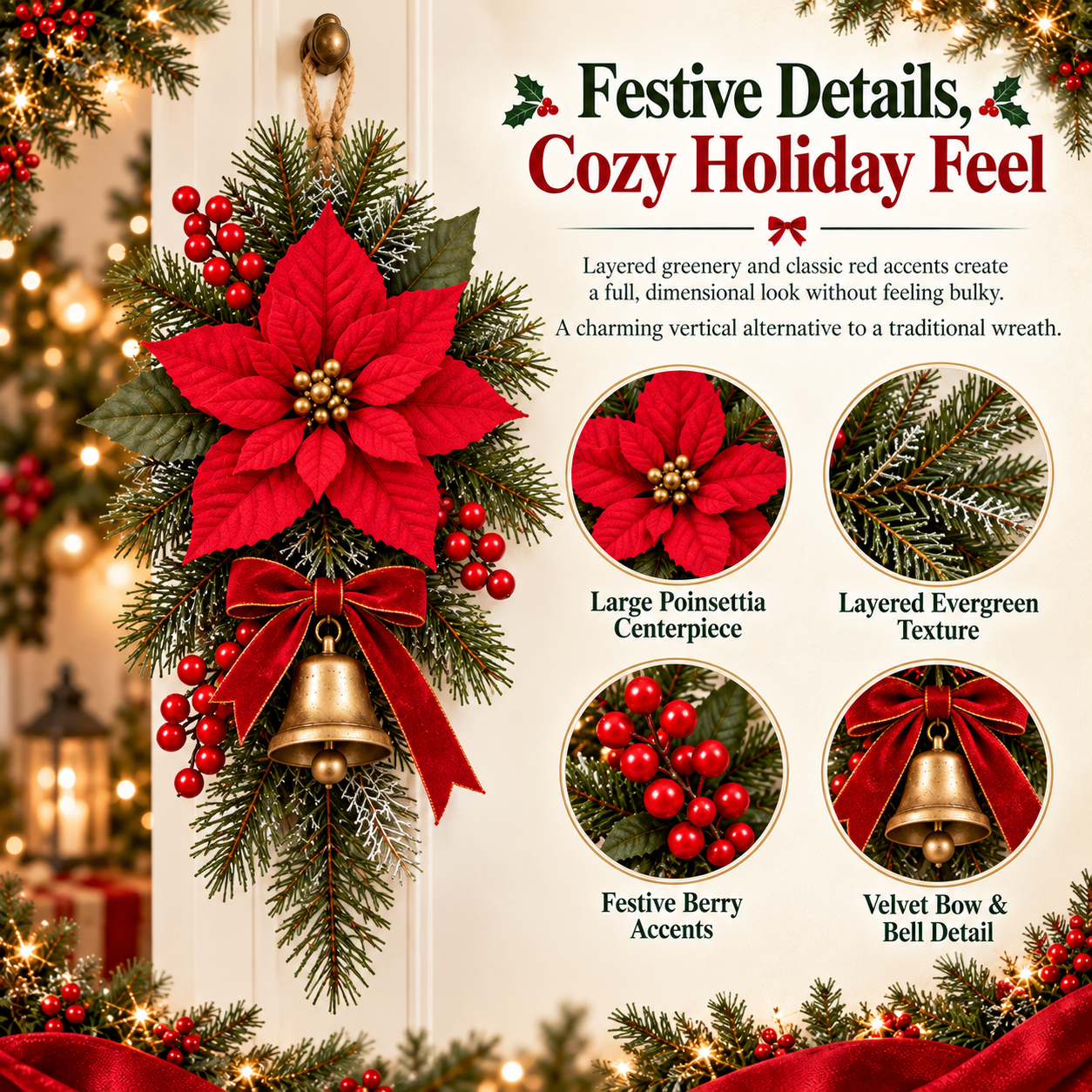 Poinsettia evergreen berries velvet bow and bell details