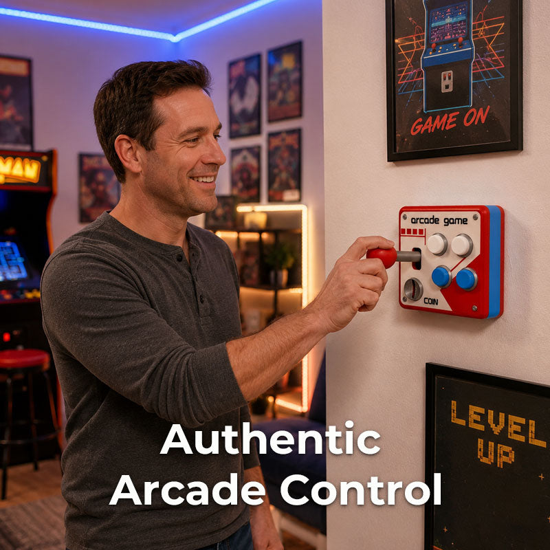 Arcade joystick and button wall panel detail