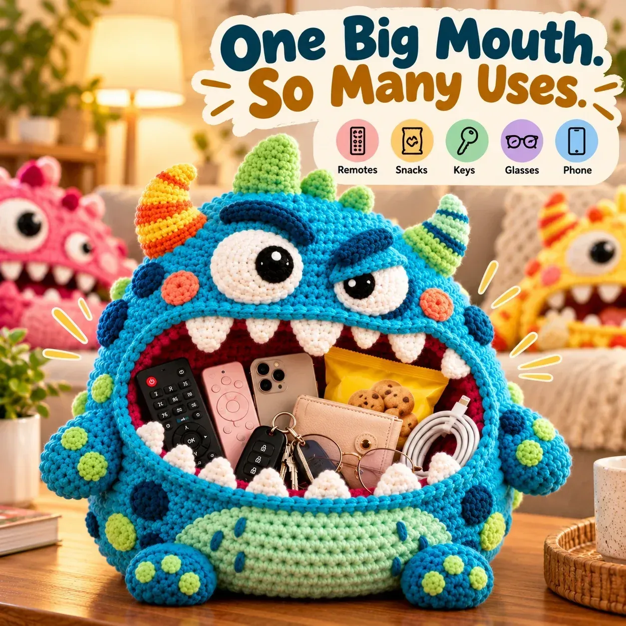 Crochet Monster Organizer Holding Everyday Essentials
