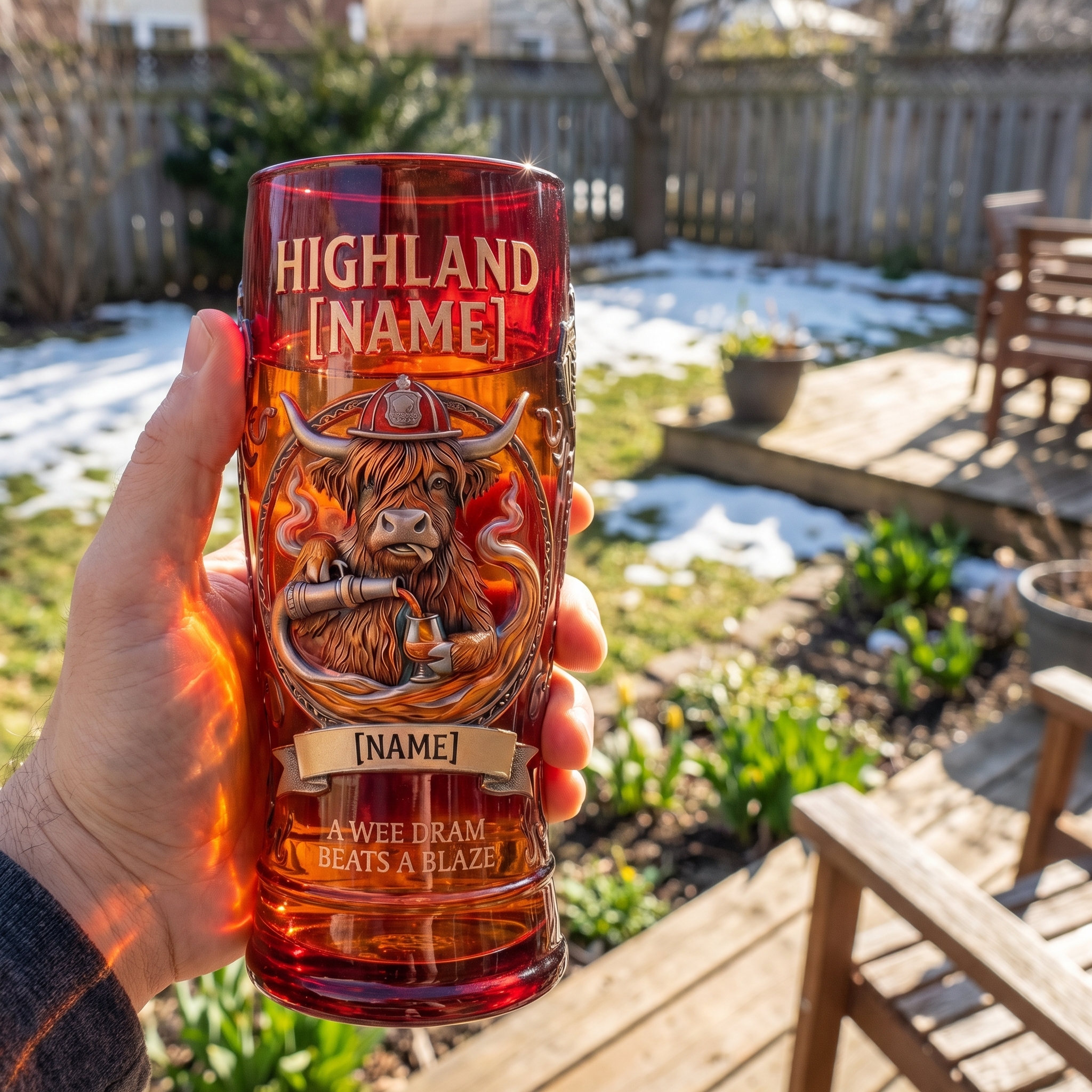 Highland Fire Bull Custom Name Glass 🚒