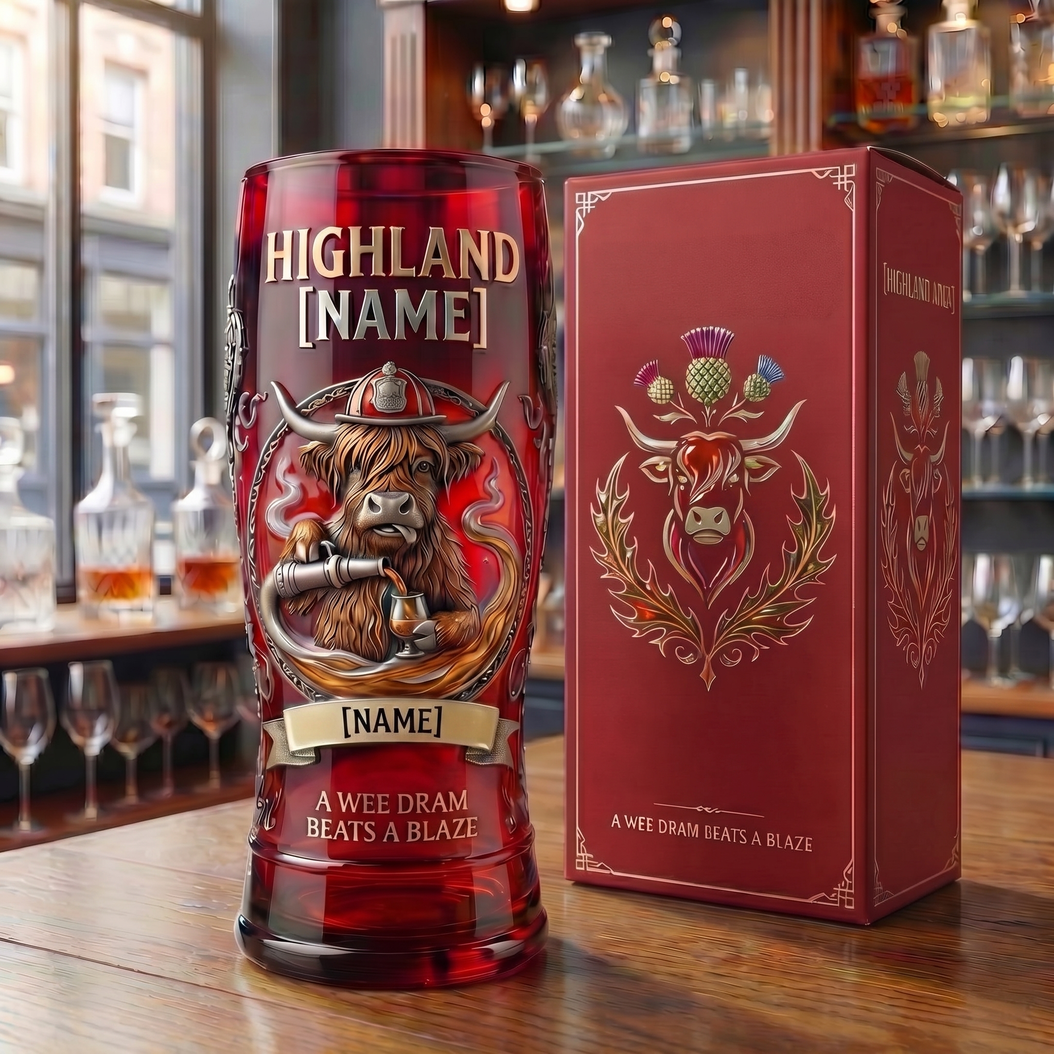 Highland Fire Bull Custom Name Glass 🚒