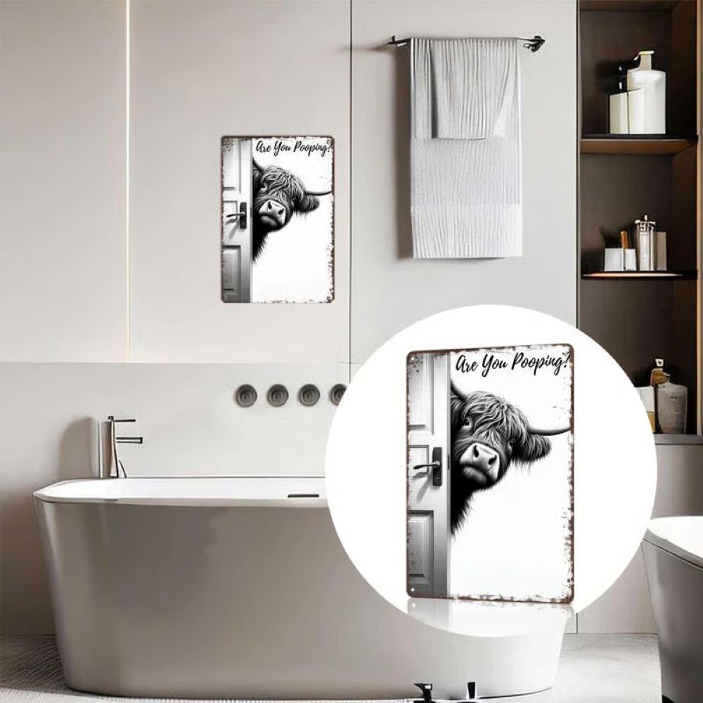 Vintage Highland Cow Metal Sign – Funny"Are You P**ping?" Wall Decor