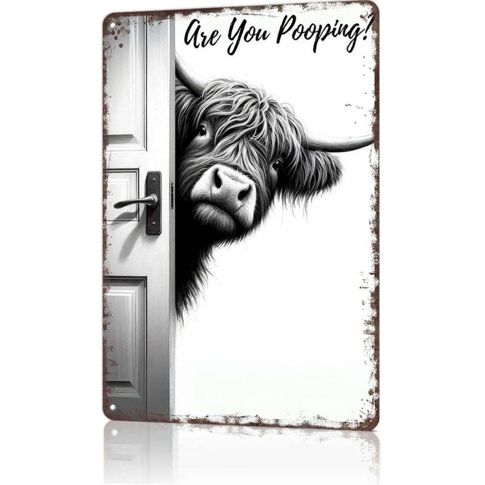 Vintage Highland Cow Metal Sign – Funny"Are You P**ping?" Wall Decor