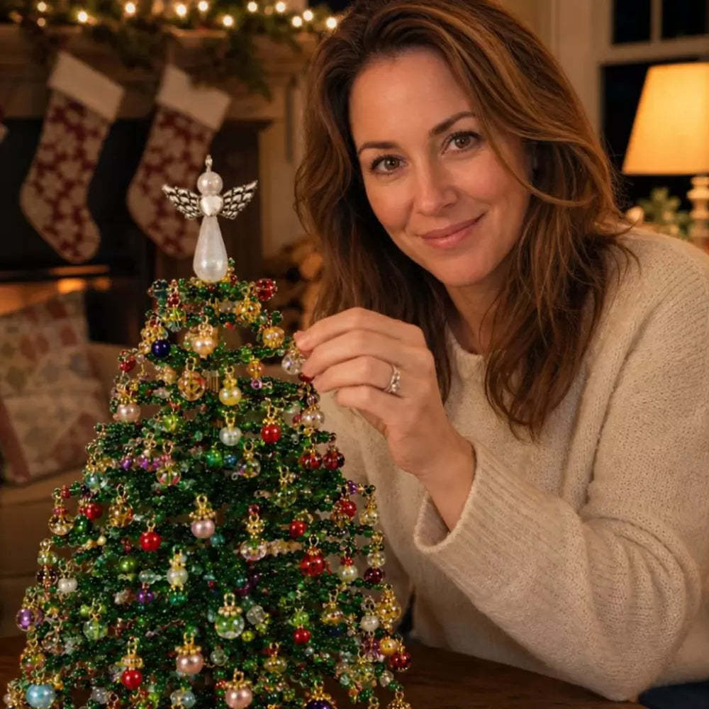 Beaded Christmas tree glowing with warm white lights
