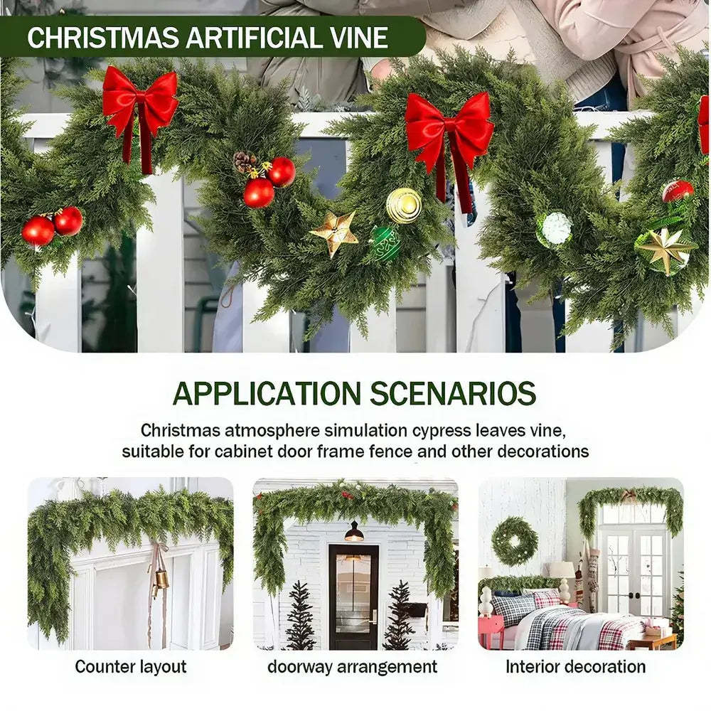 Christmas artificial vine with red bows and decorations on a white background