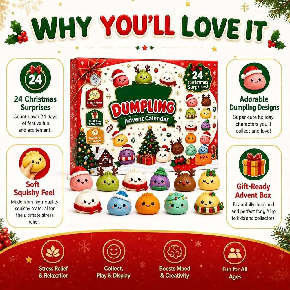 Christmas-themed Dumpling Advent Calendar product display with a red gift box in the center, multiple colorful dumplings arranged in front, and promotional text panels around it on a festive white and red background.