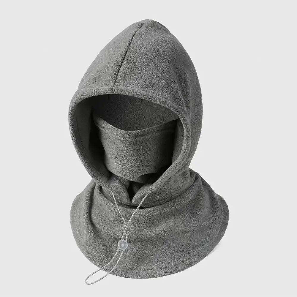 A gray fleece balaclava hood with an integrated face mask and a drawstring cord, shown on a light gray background.