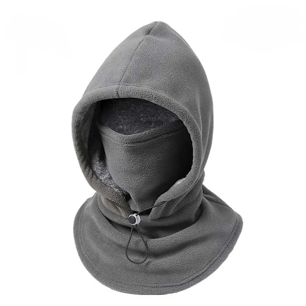A dark gray fleece balaclava hood with an integrated neck gaiter and drawstring, displayed on a clean white background.