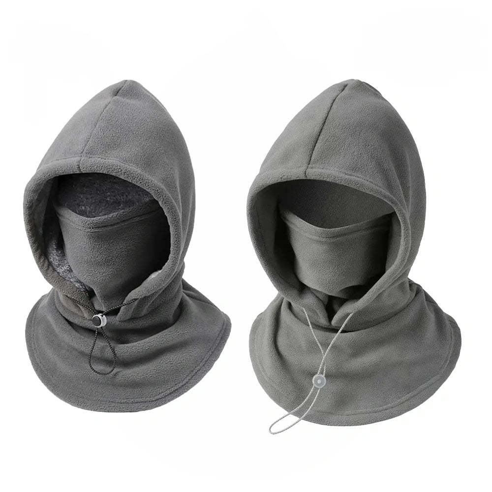 Two views of a gray fleece balaclava hood with integrated face mask and drawstring, shown on a plain white background.