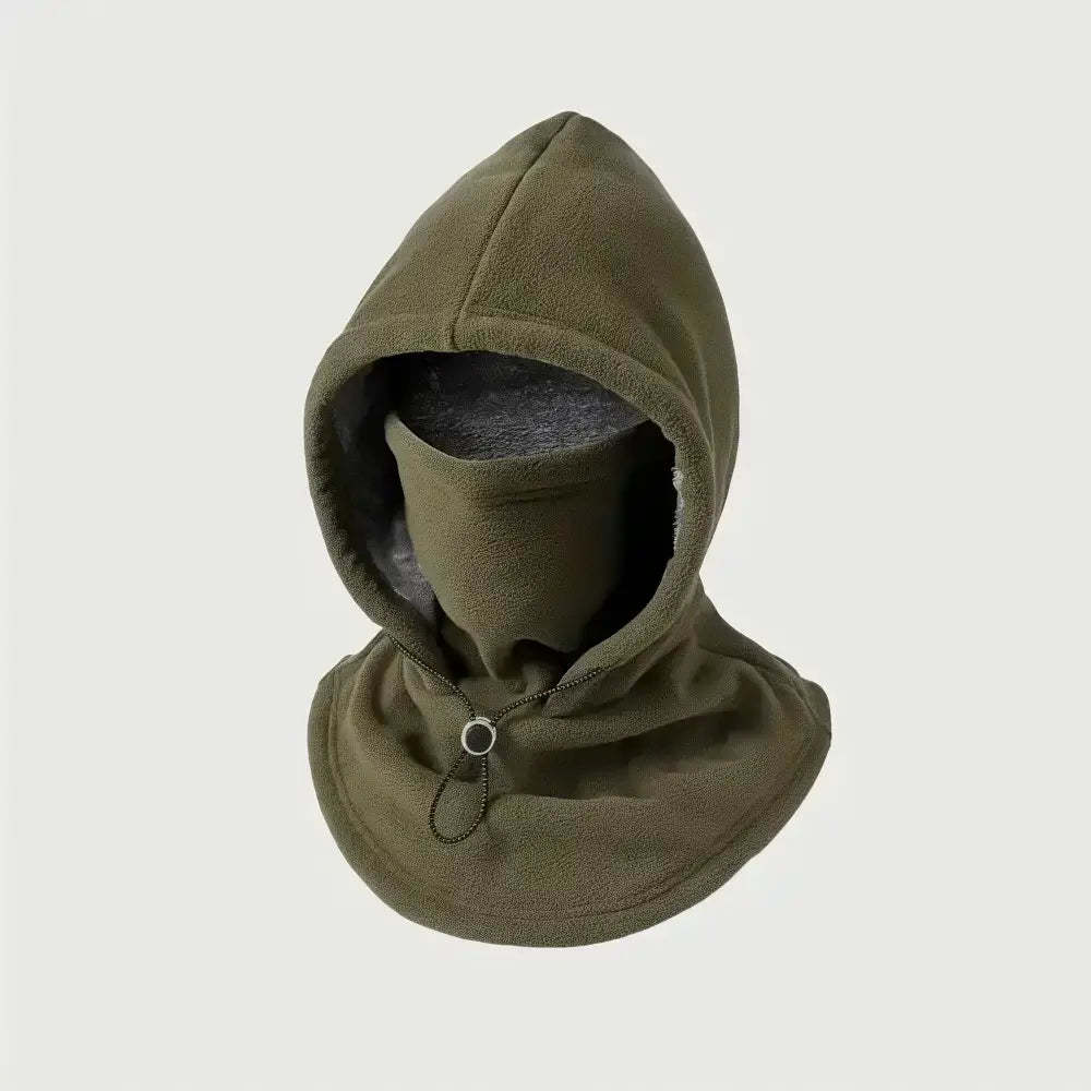 An olive green fleece hooded neck warmer with a matching face covering and a gray fleece lining, displayed on a neutral light gray background.