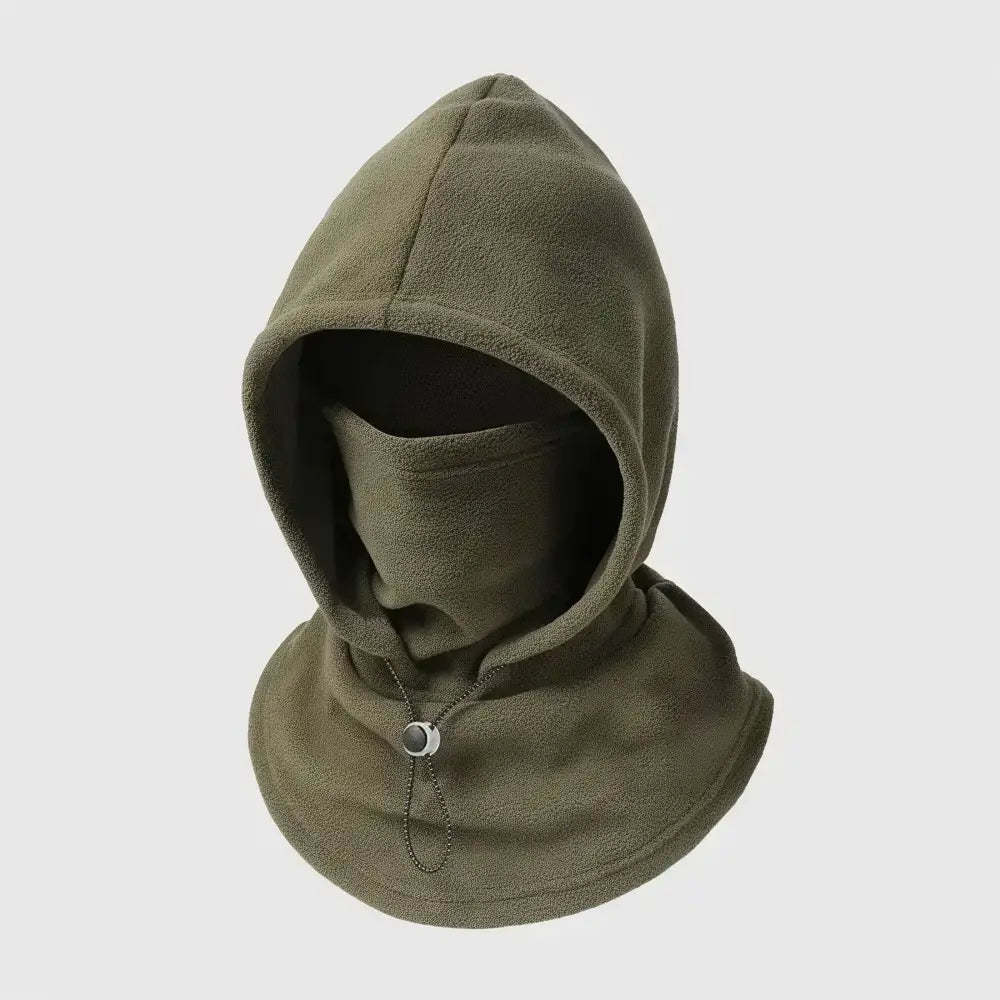 An olive green fleece balaclava hood with an integrated neck gaiter and a small silver metal slider, shown against a light gray background.